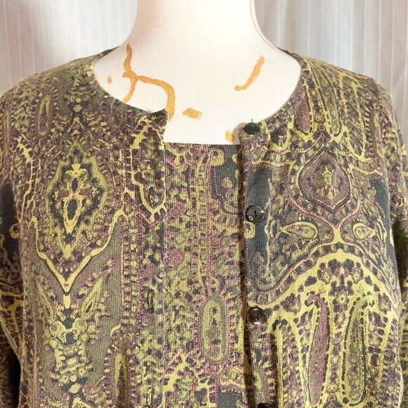 Y2k Liz Claiborne Two Piece Abstract Beige Green Cardigan Set - Size X/XL - Picture 3 of 6